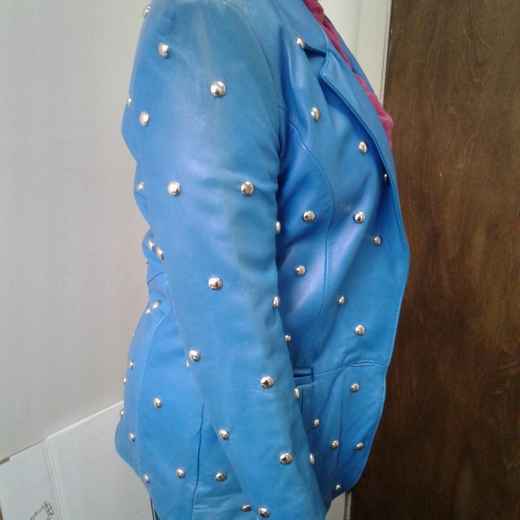 Leather studded jacket Teal color - Picture 6 of 8